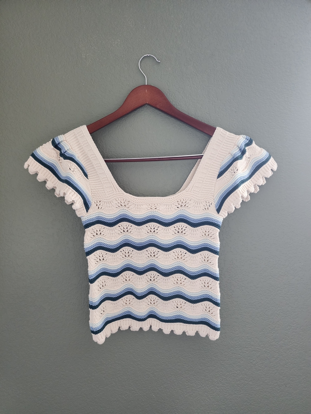 Jessica Simpson Cream Crochet Top with Blue Stripes